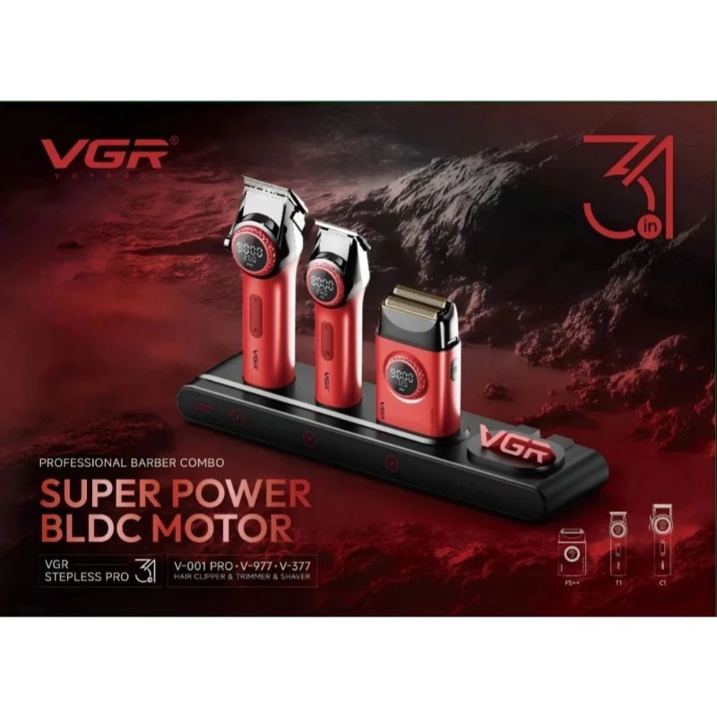 VGR Professional Barber Combo Stepless Pro 3 in 1