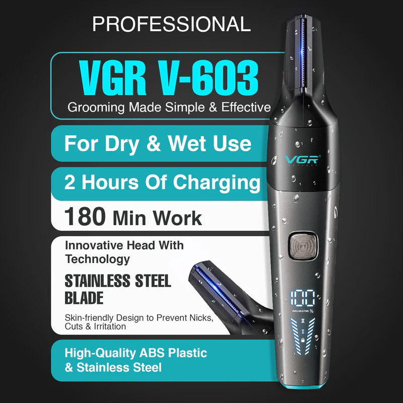 ماكينة تشذيب الأنف والجسم الاحترافية للرجال، أسود VGR V-603