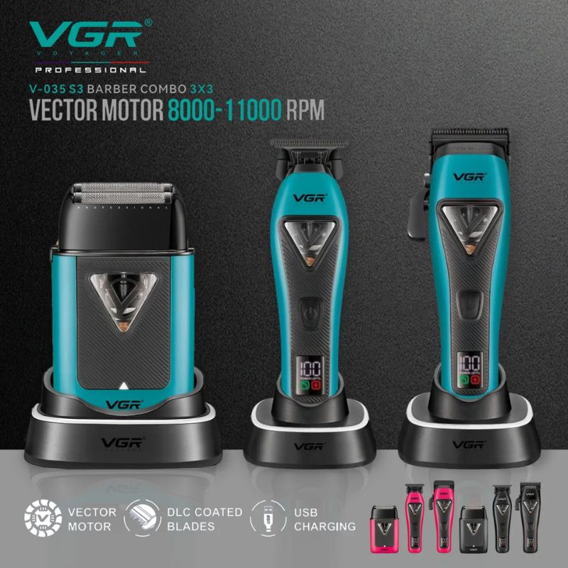 VGR V-035S3 barber combo set dlc blades titanium shaver
