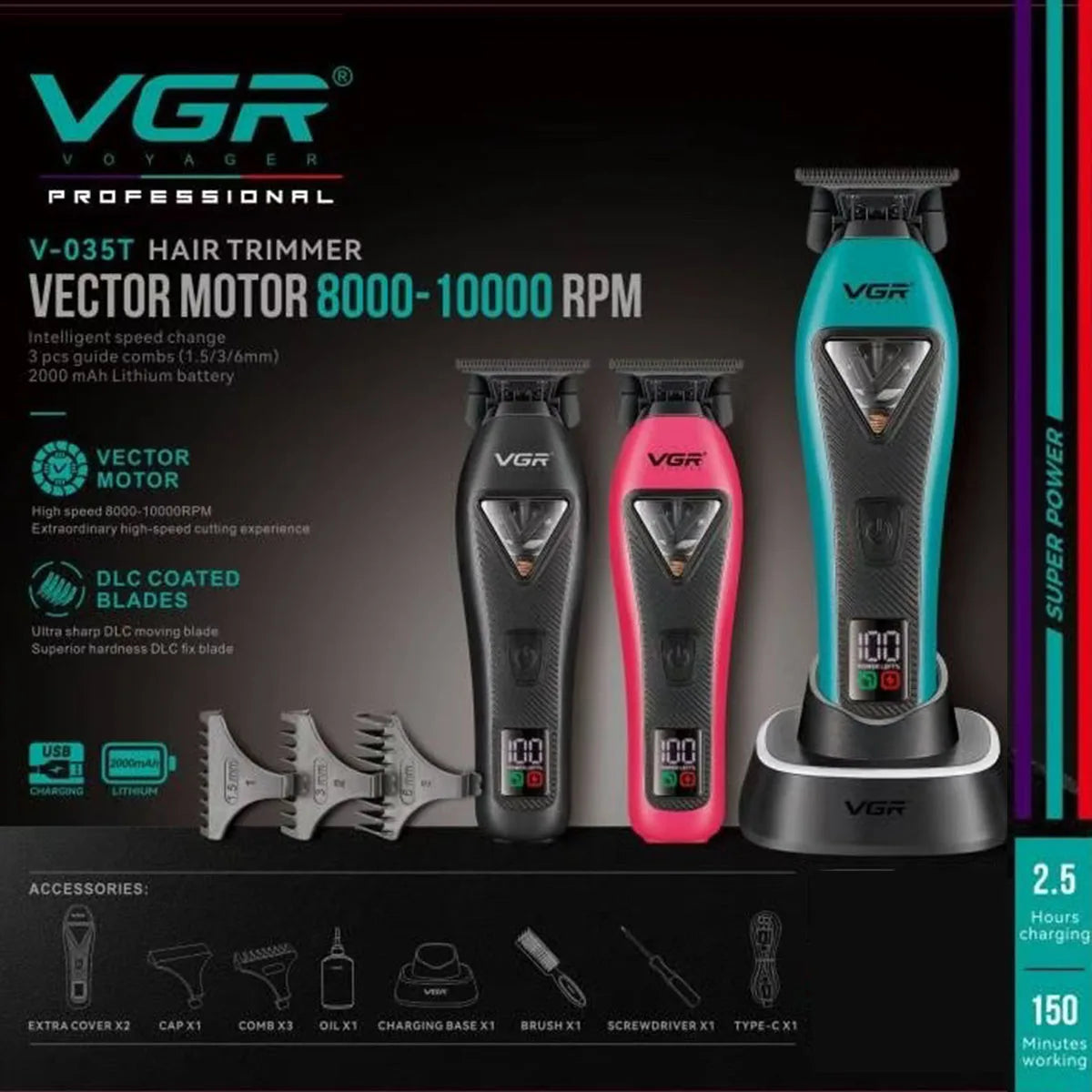 V-035T Professional Hair Trimmer 10000 RPM Vector Motor